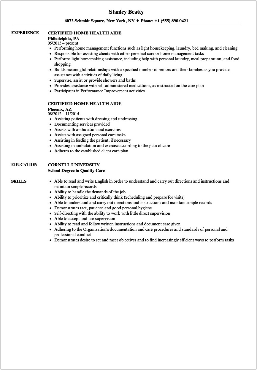 Resume For School Health Care Aide