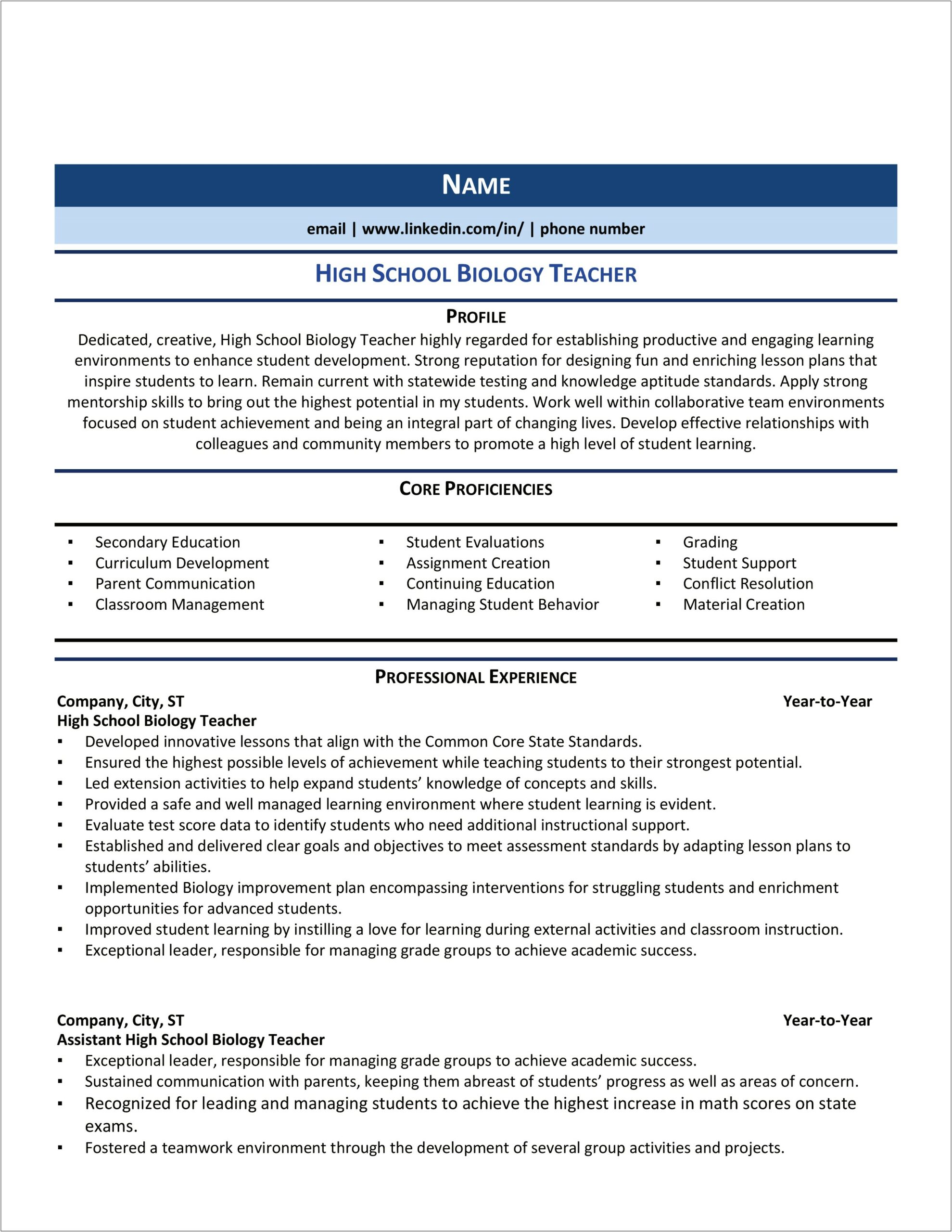 Resume For Secondary Teacher Sample