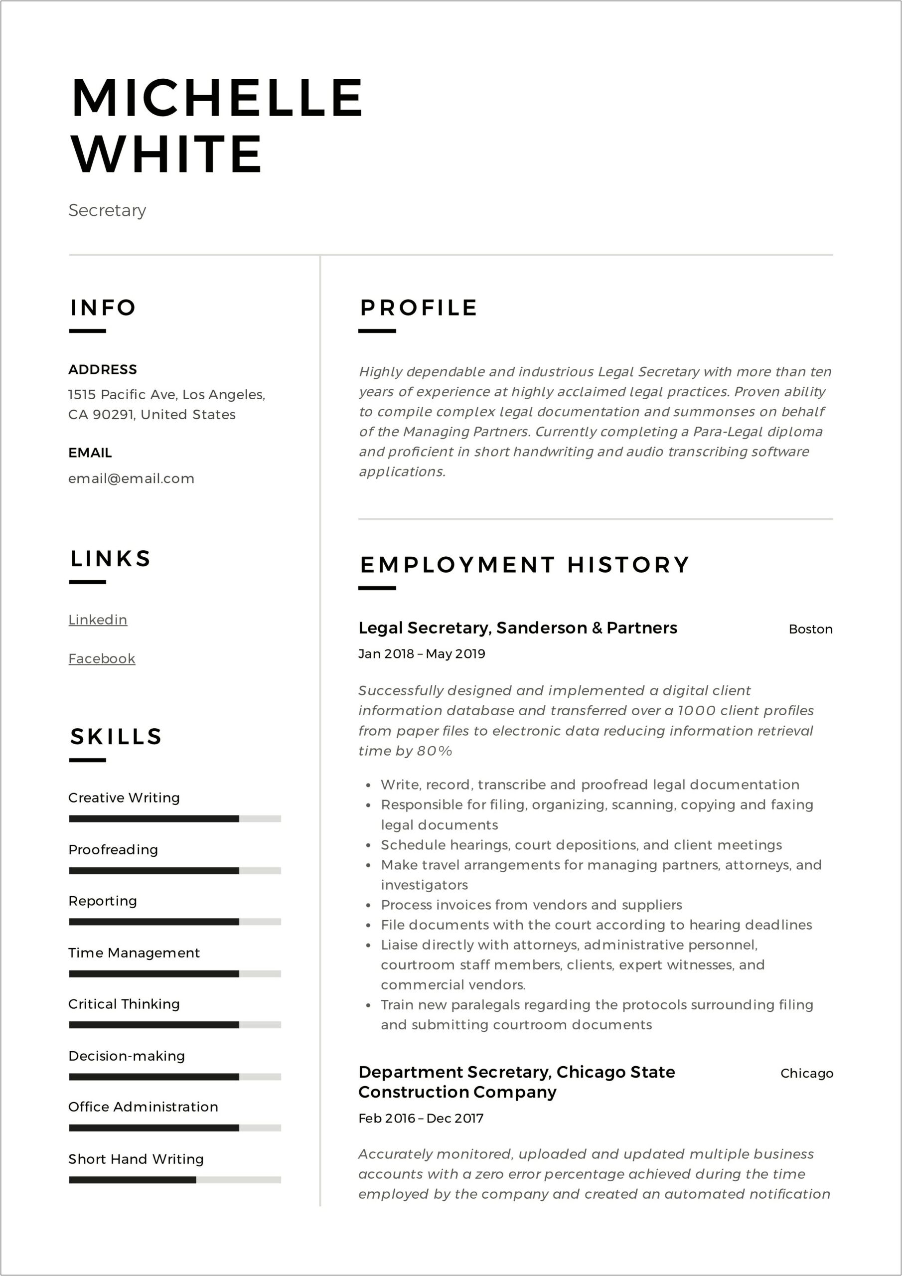Resume For Secretary Office Work Entry Level