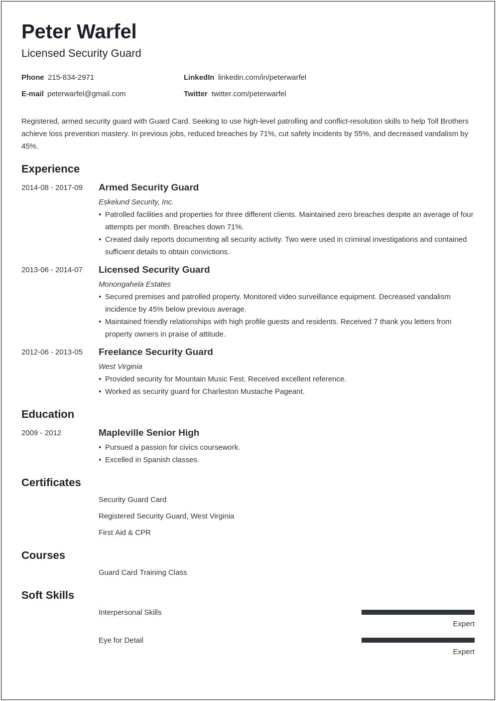 Resume For Security Guard Job With No Experience