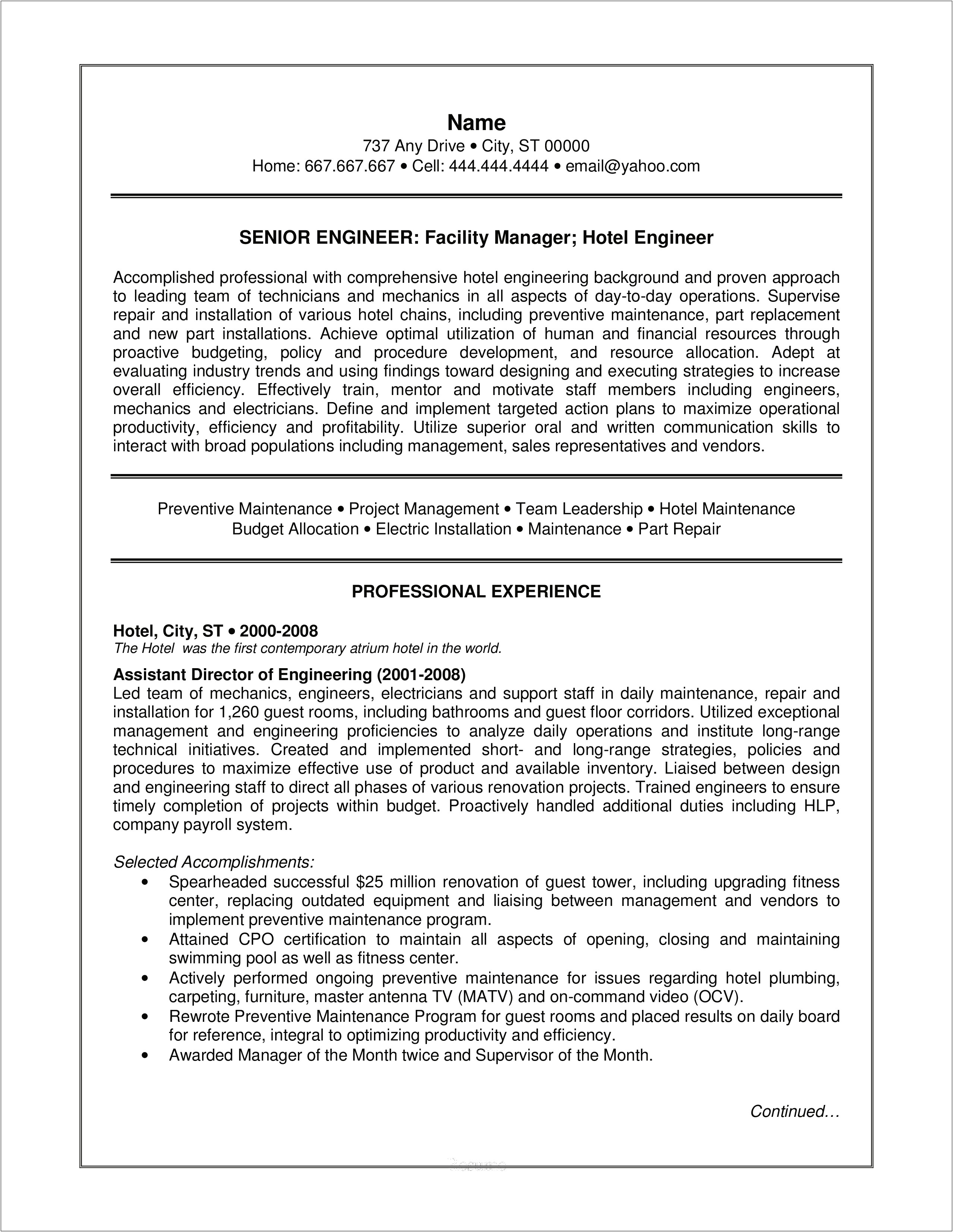 Resume For Senior Project Manager Engineering