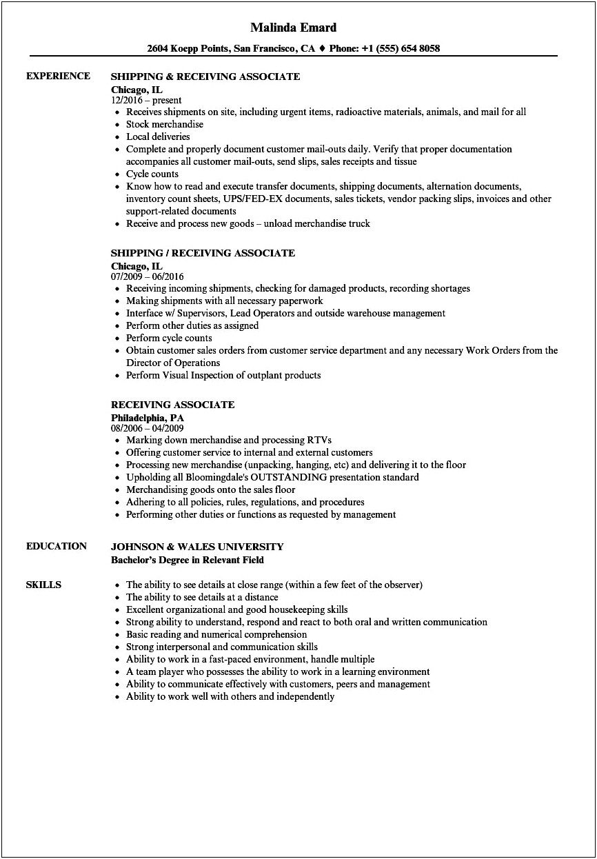 Resume For Shipping And Receiving Worker Objective