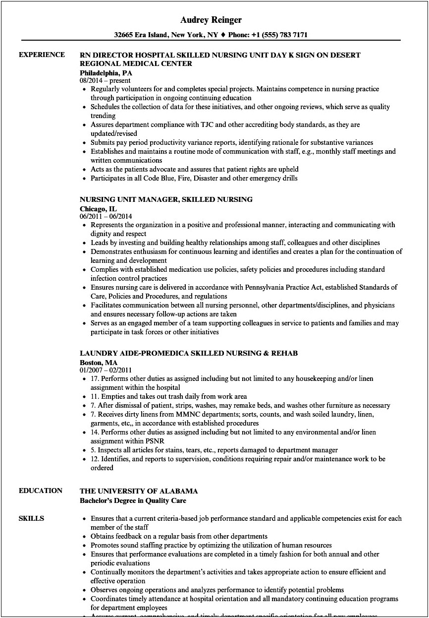 Resume For Skilled Nursing Facility
