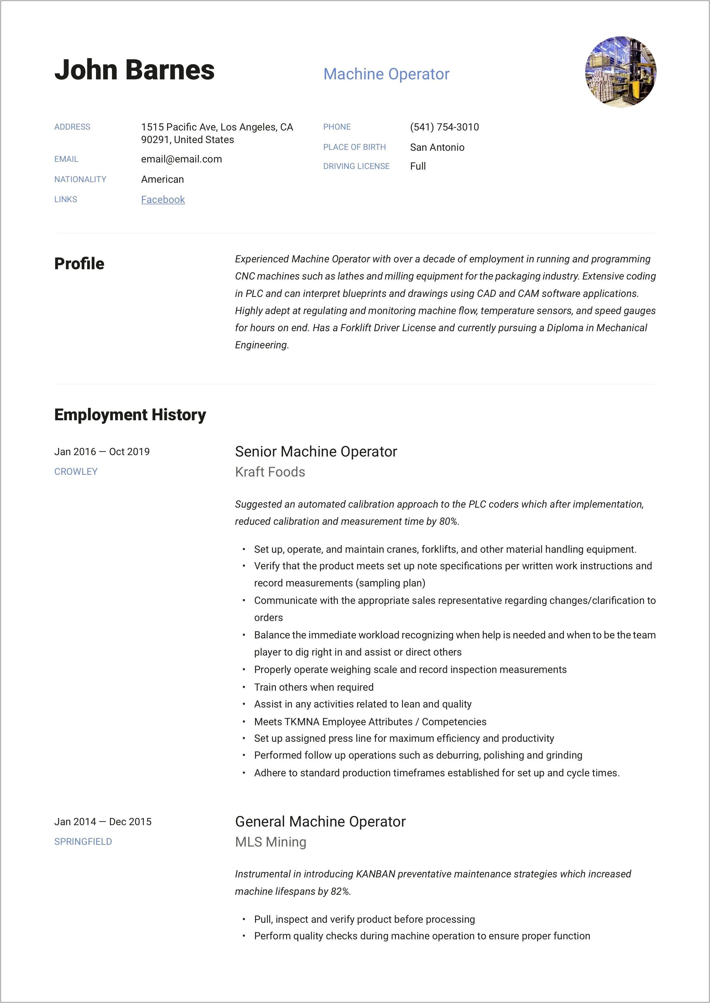 Resume For Skilled Skilled Machinist