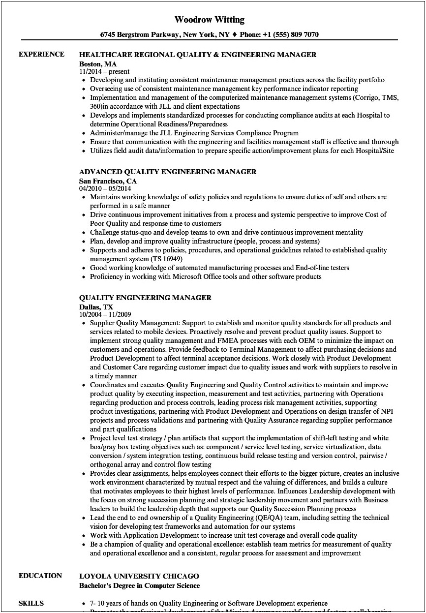 Resume For Software Engineering Manager