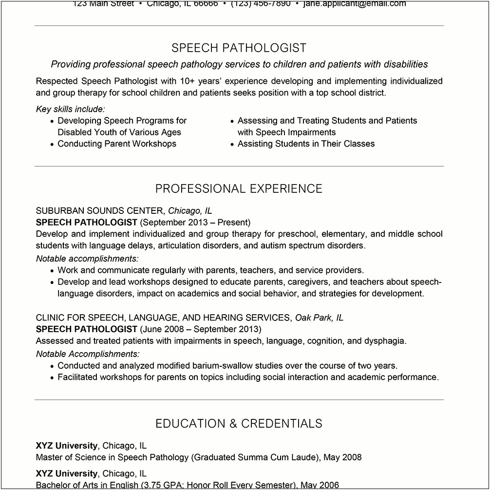 Resume For Speech Language Pathology Graduate School