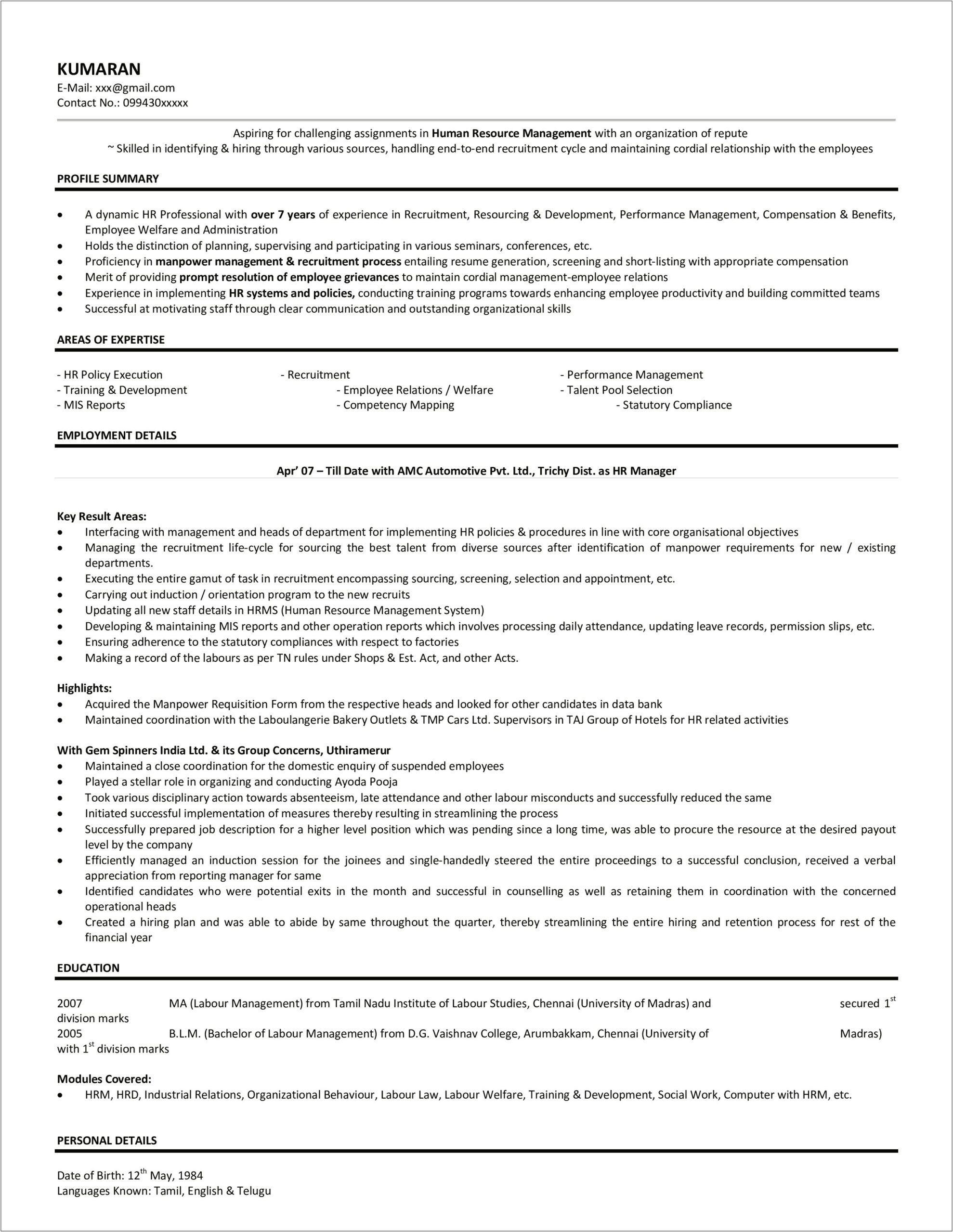 Resume For Statutory Compliance Manager