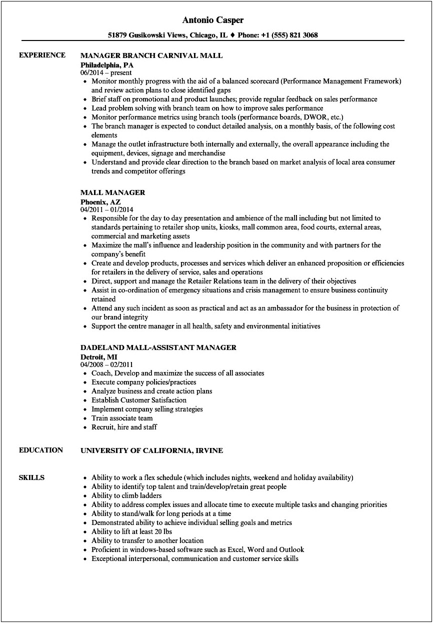 Resume For Store Manager Rent A Center