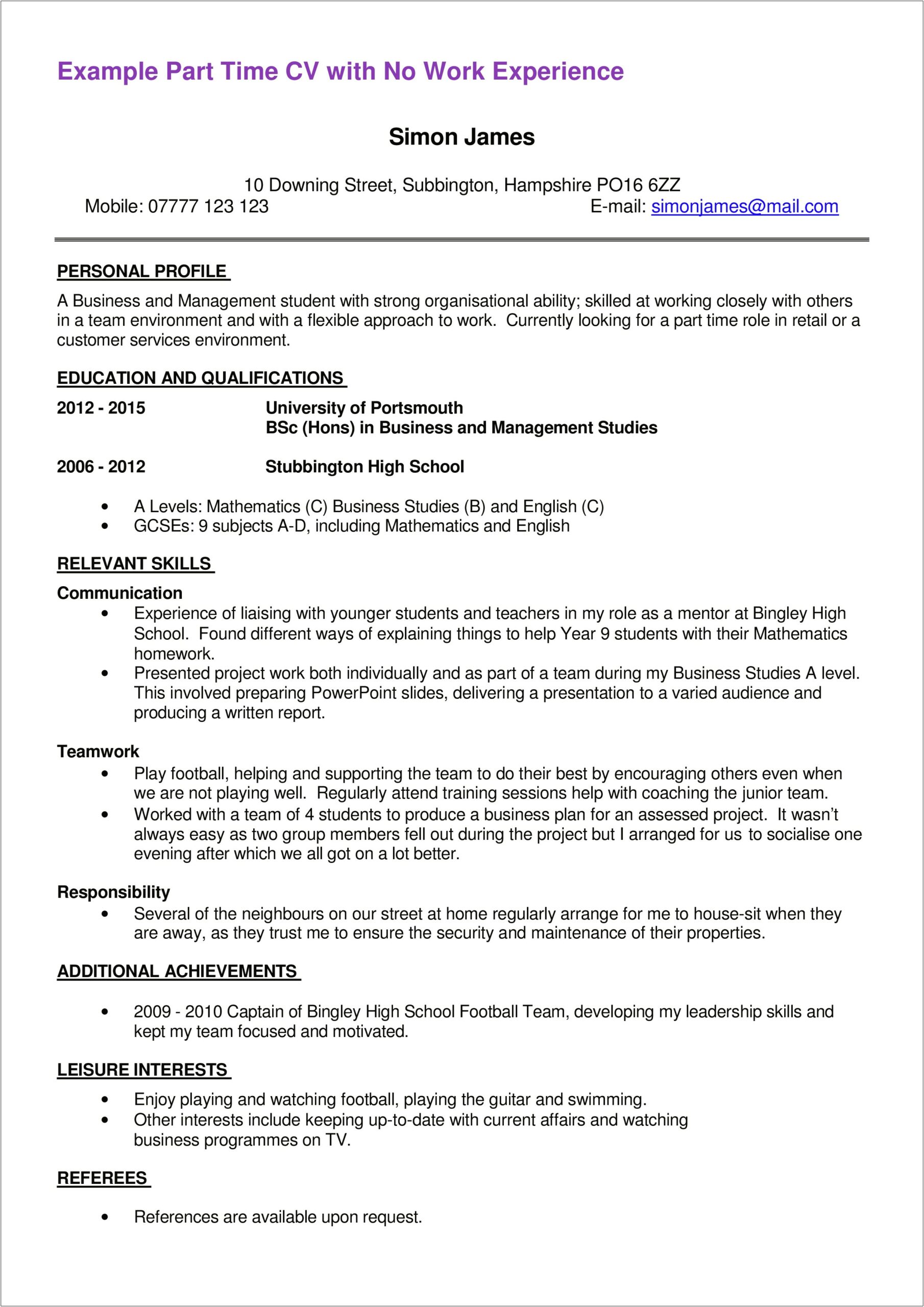 Resume For Student For Part Time Job
