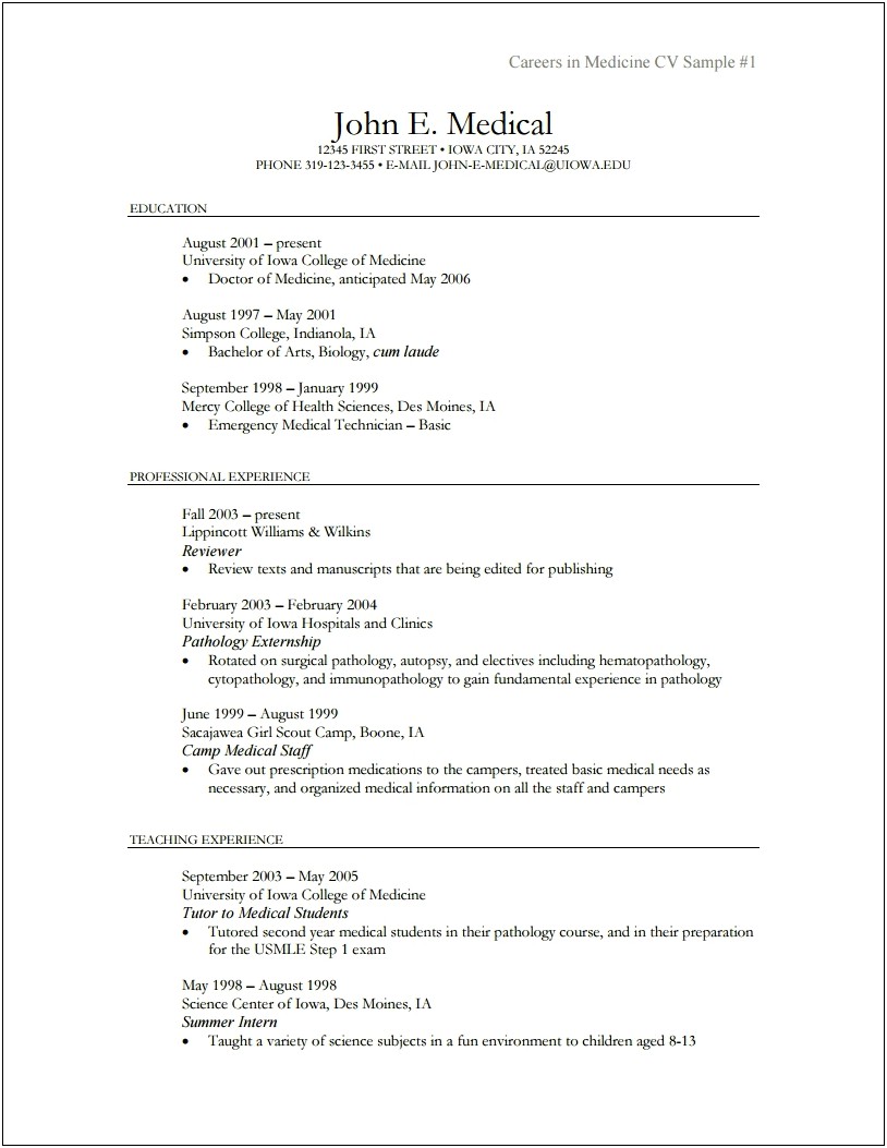Resume For Student In Medical School