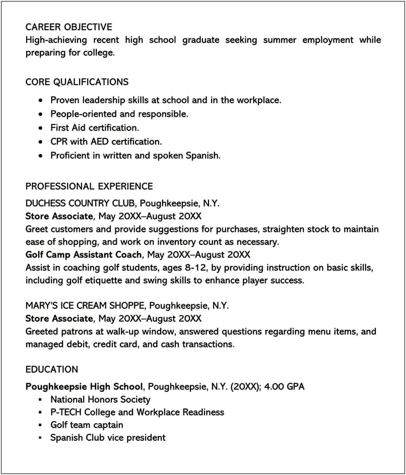 Resume For Summer Job College Student Word Template