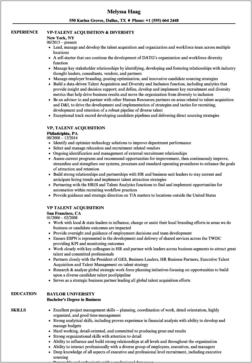 Resume For Talent Acquisition Manager