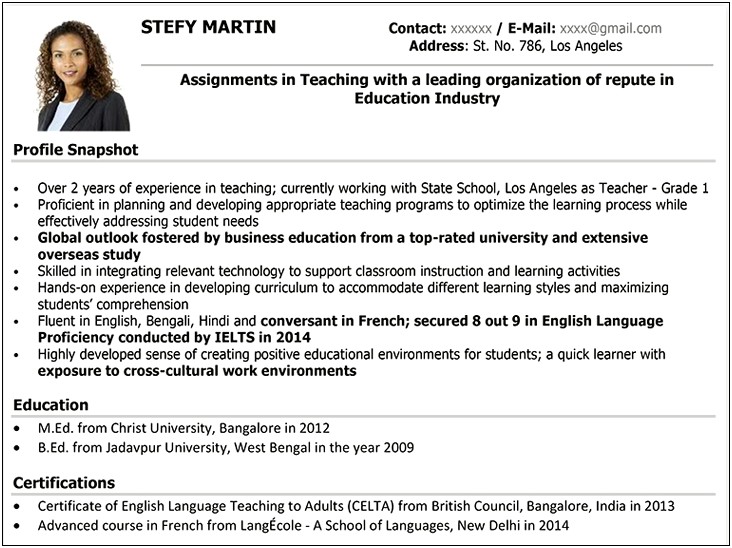 Resume For Teacher Job Application