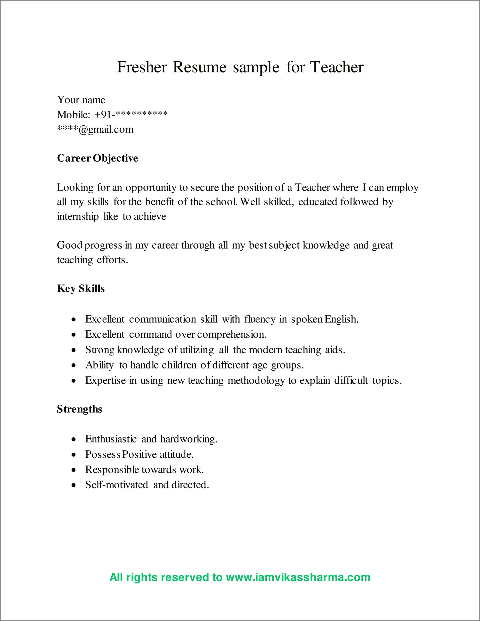 Resume For Teaching Job In School For Fresher
