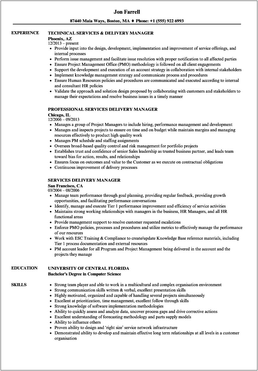 Resume For Technical Delivery Manager