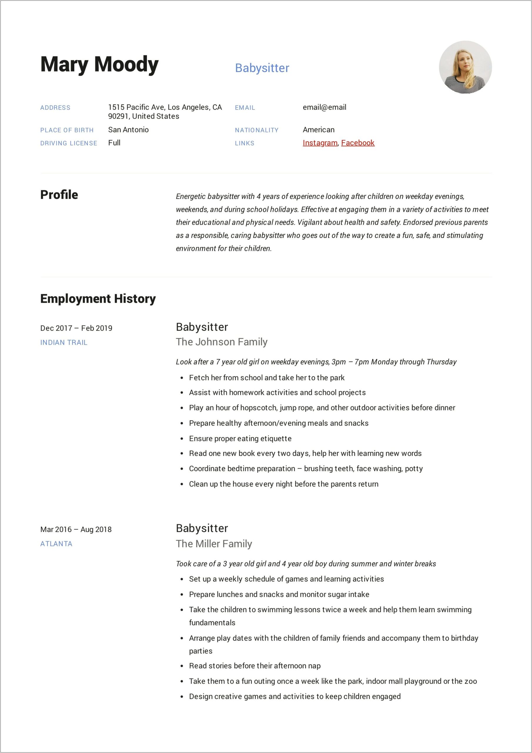 Resume For Teenager With Babysitting Experience