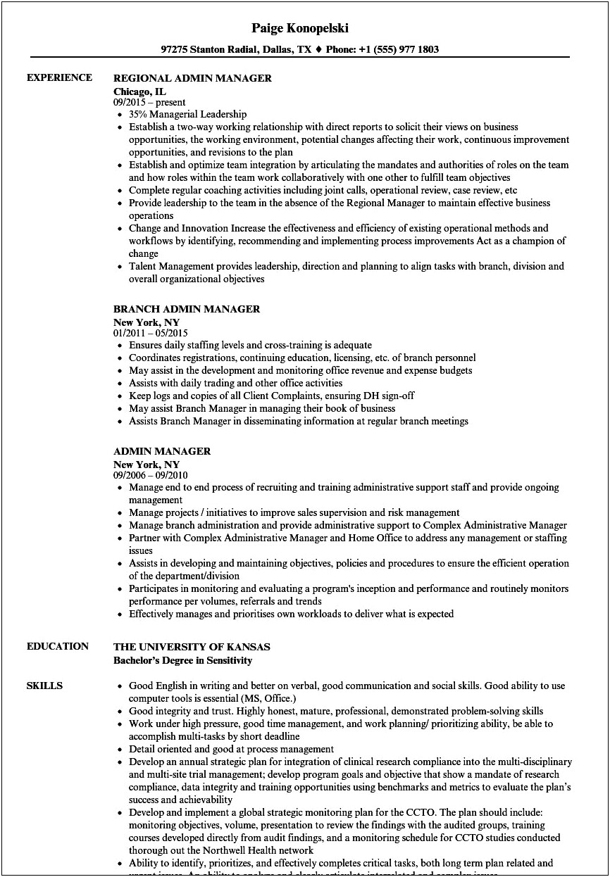Resume For The Post Of Manager Administration