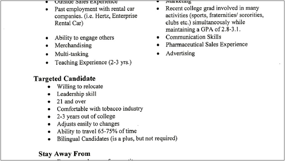 Resume For Tobacco Territory Manager