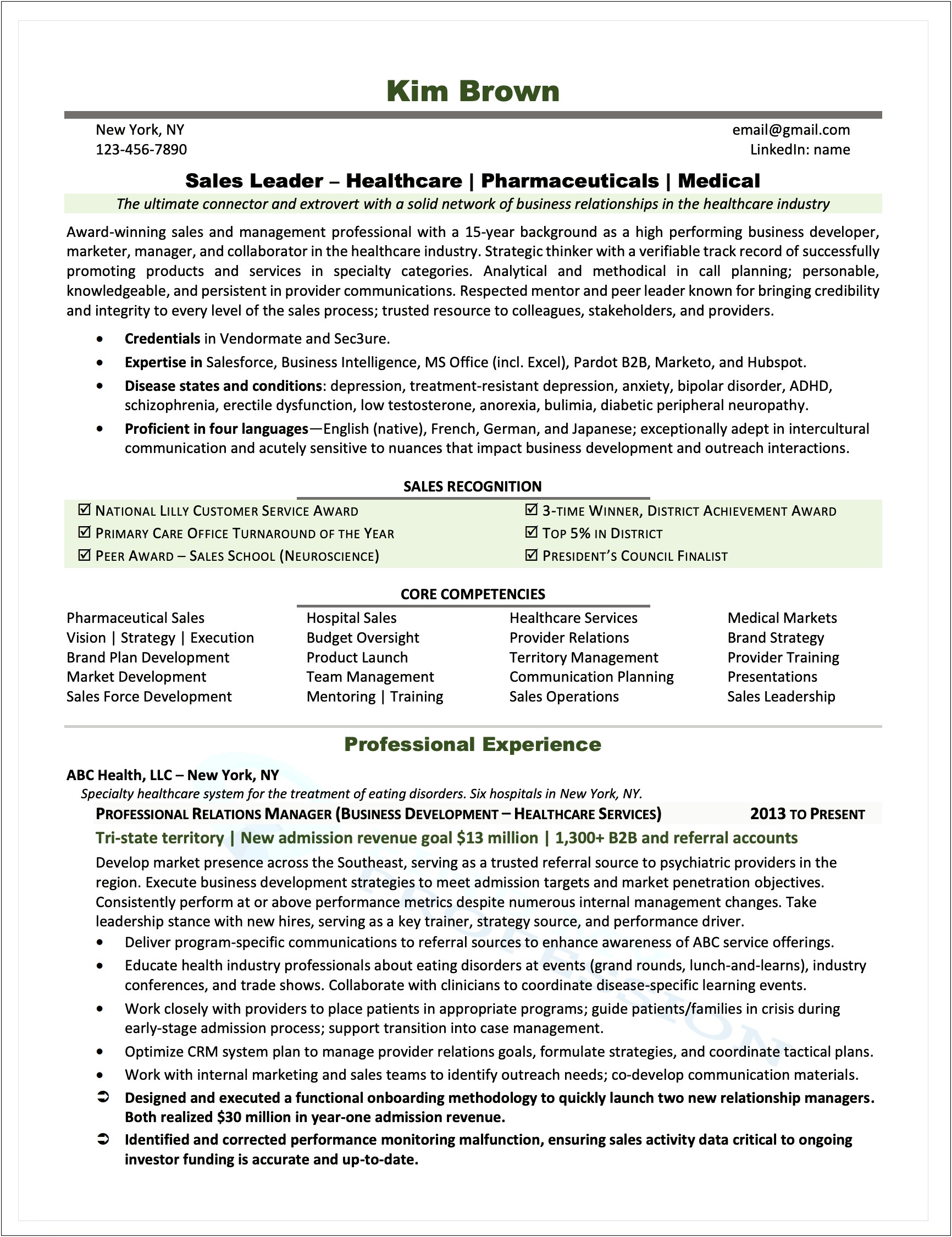 Resume For Top Management Position