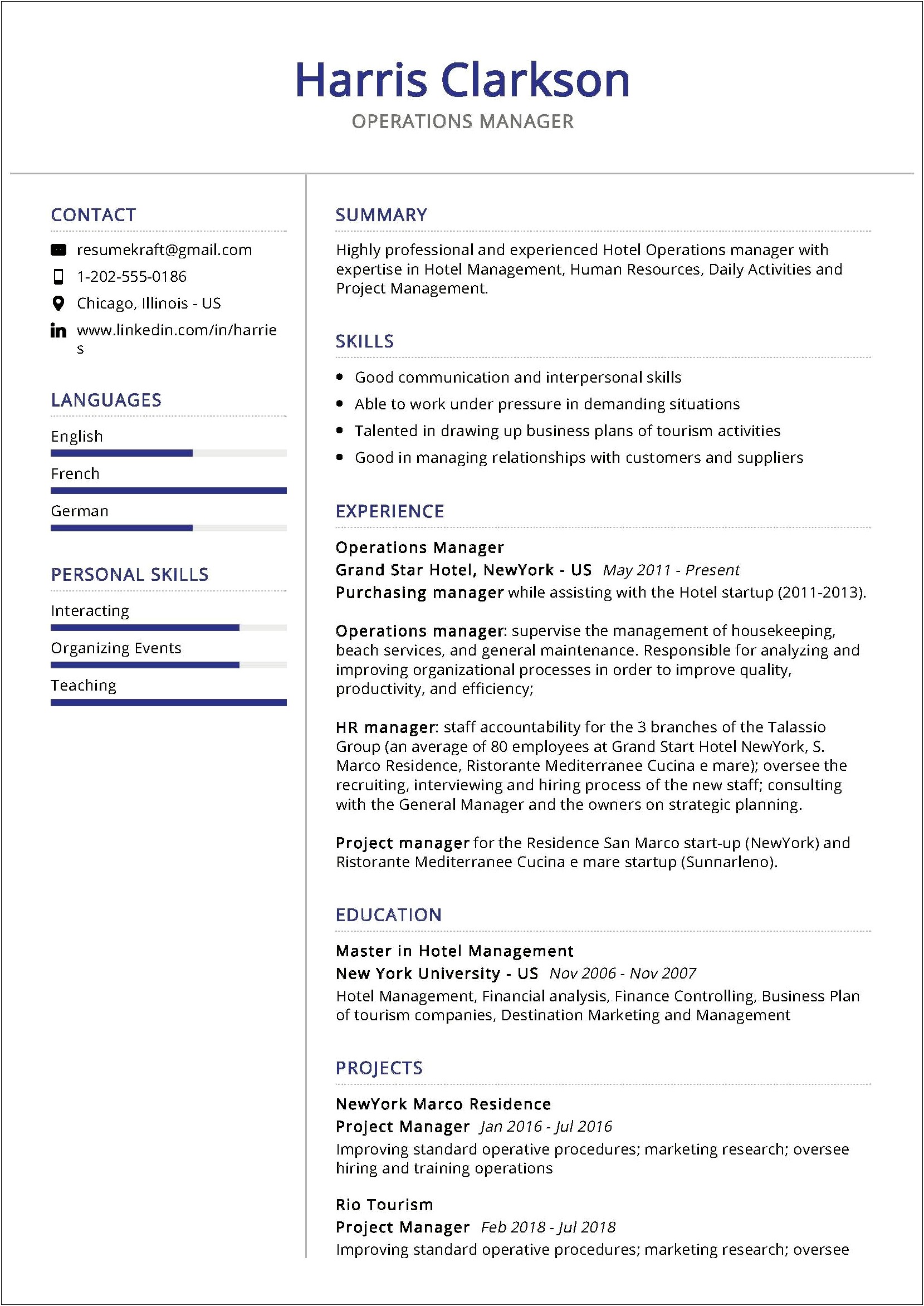 Resume For Tour Operations Manager