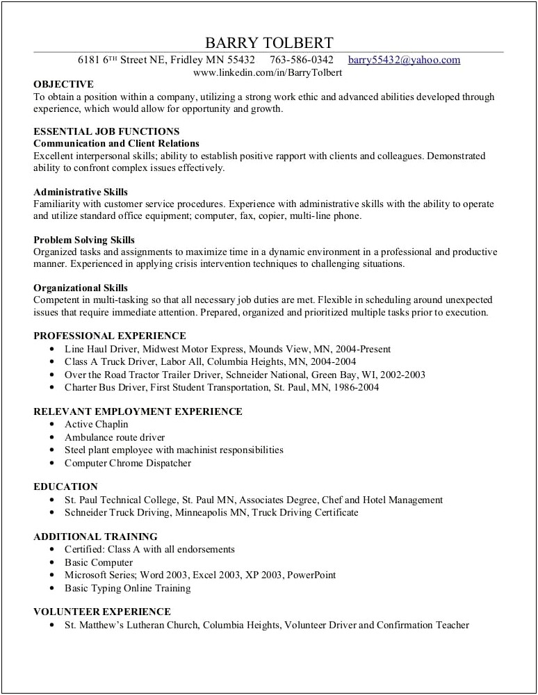 Resume For Tractor Trailer Management
