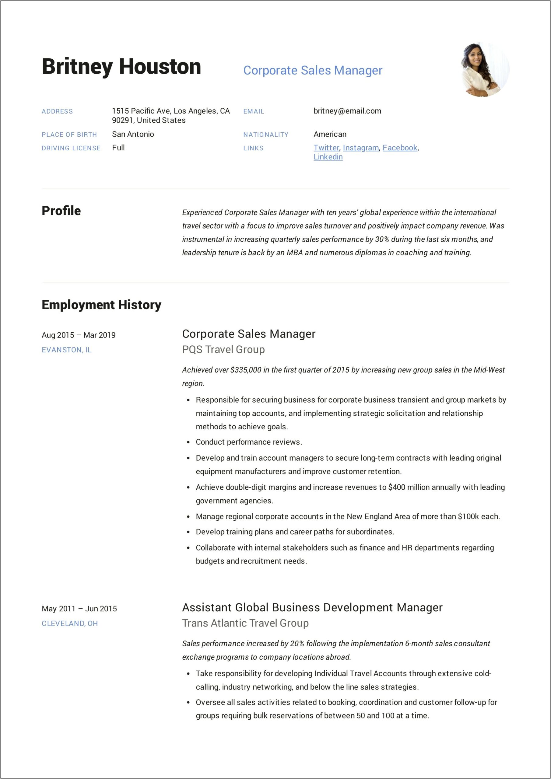 Resume For Travel Sales Manager