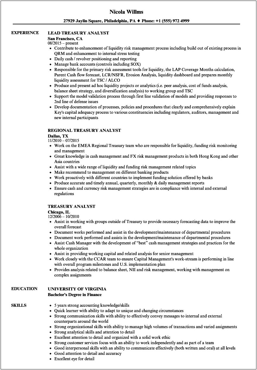 Resume For Treasury Manager India