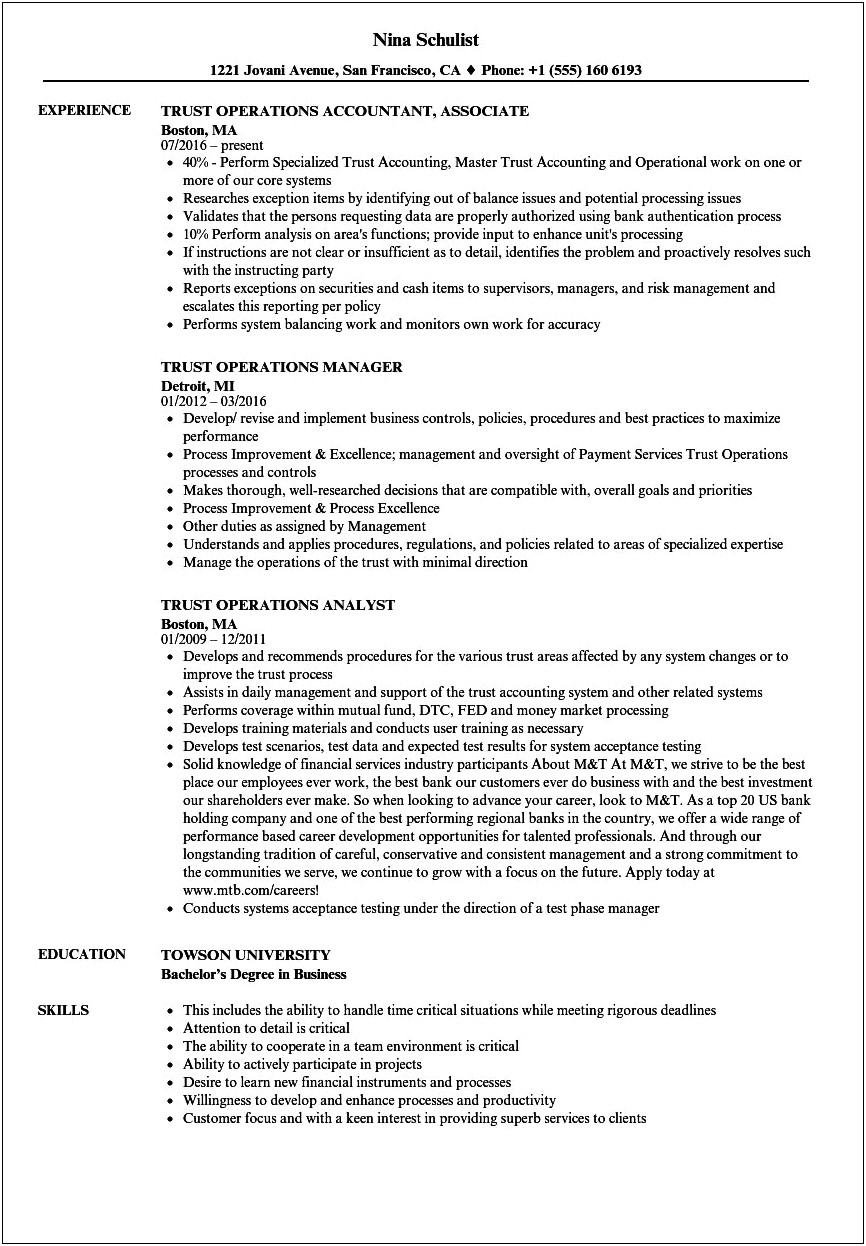 Resume For Trust Operations Manager