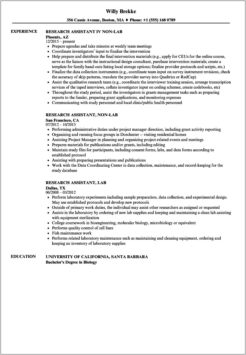Resume For Undergraduate Research No Experience