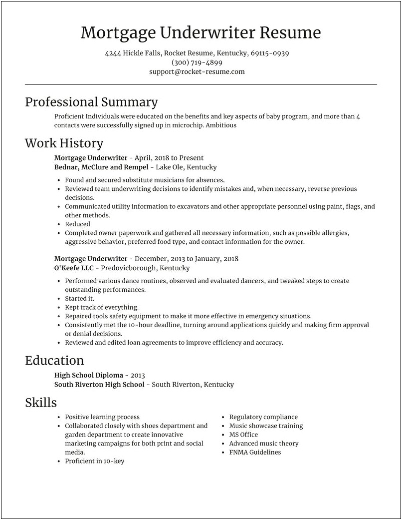Resume For Underwriter Job Application
