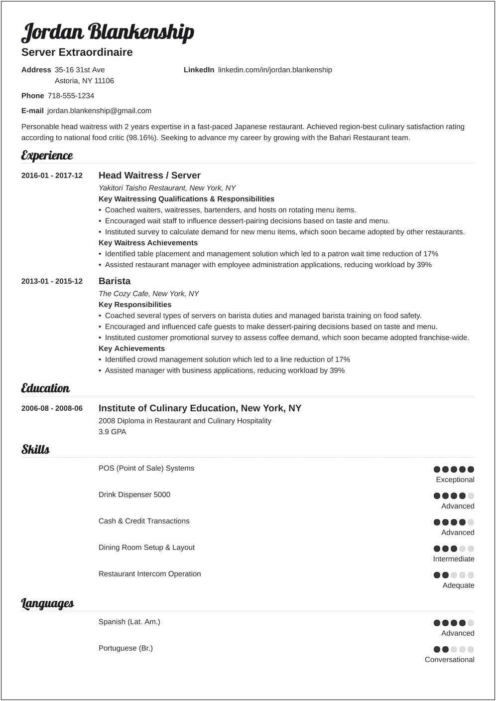 Resume For Waitress With Other Experience