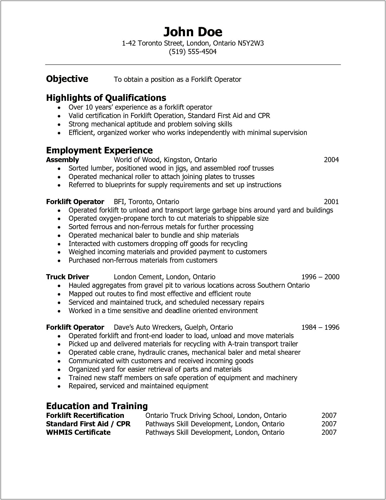 Resume For Warehouse Examples Forklift