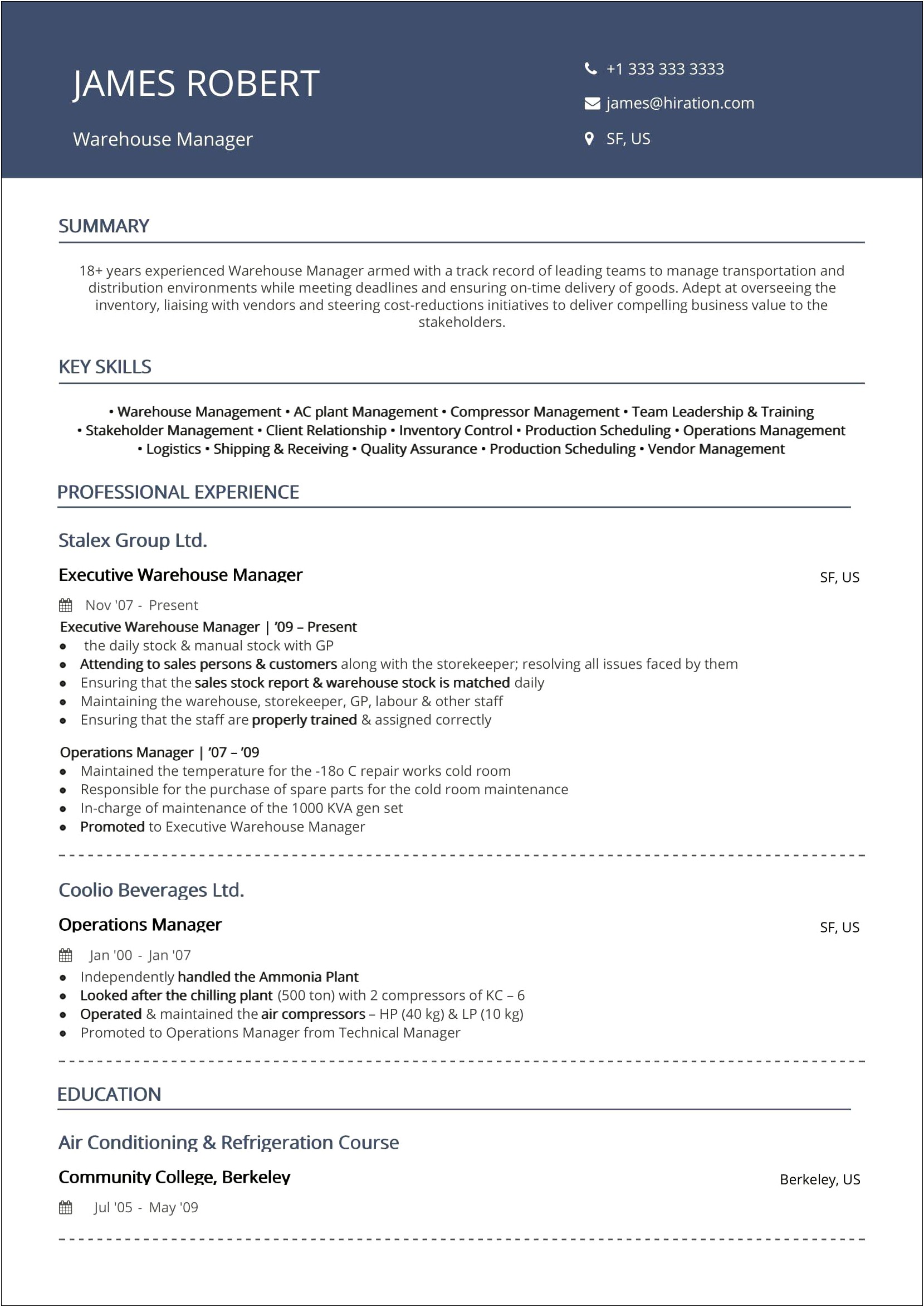Resume For Warehouse Operations Manager