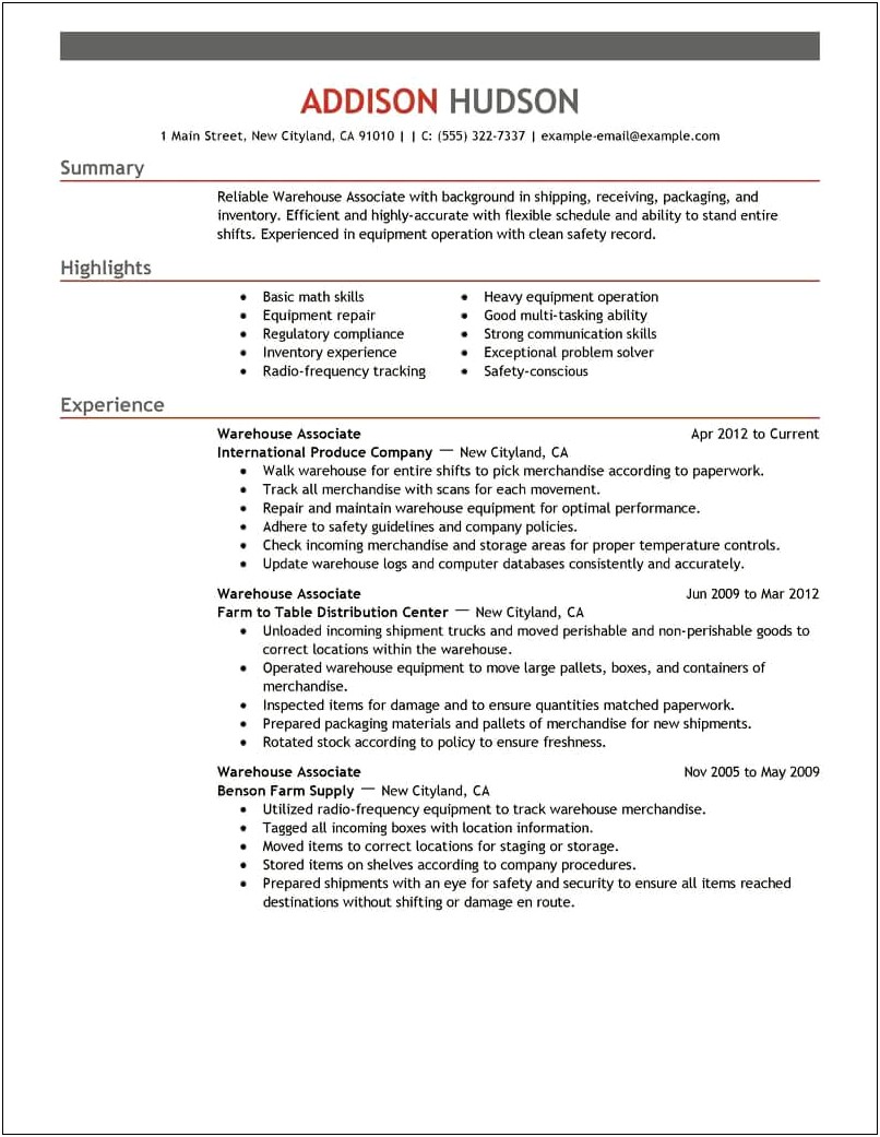 Resume For Warehouse Position With Restaurant Experience