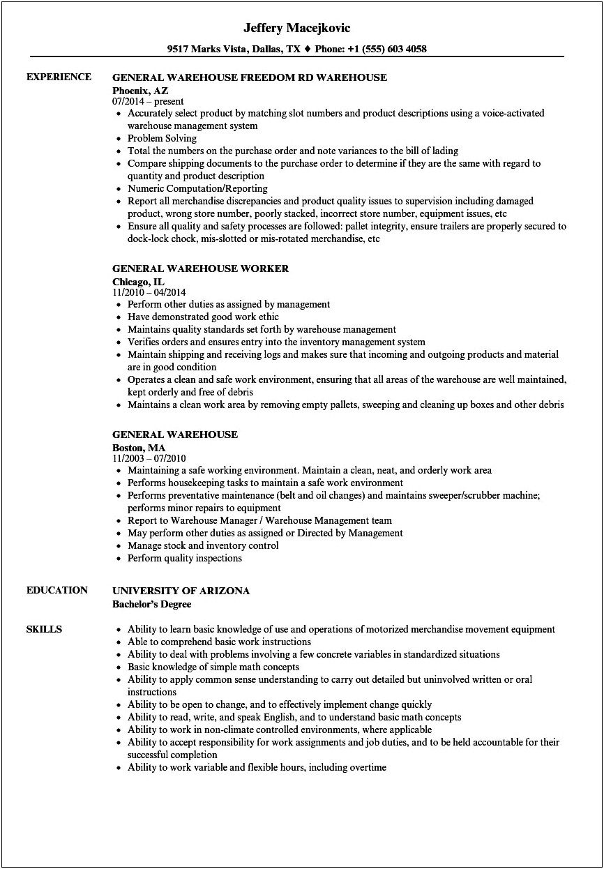 Resume For Warehouse Worker Objective