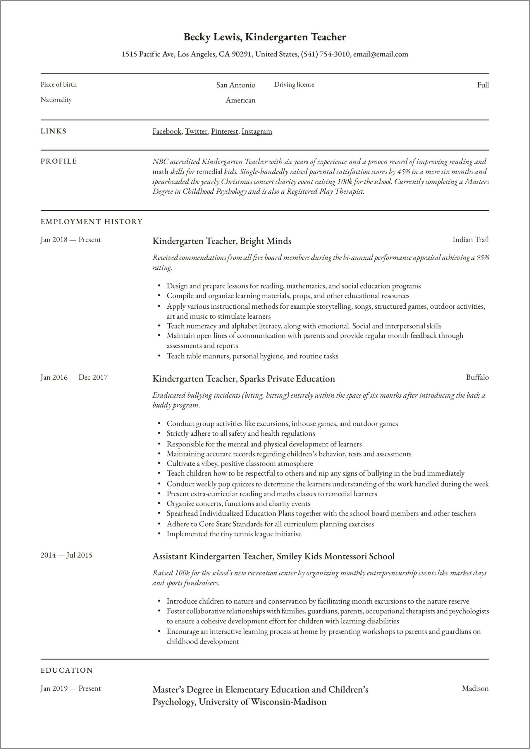 Resume For Work In Kindergarten Teacher