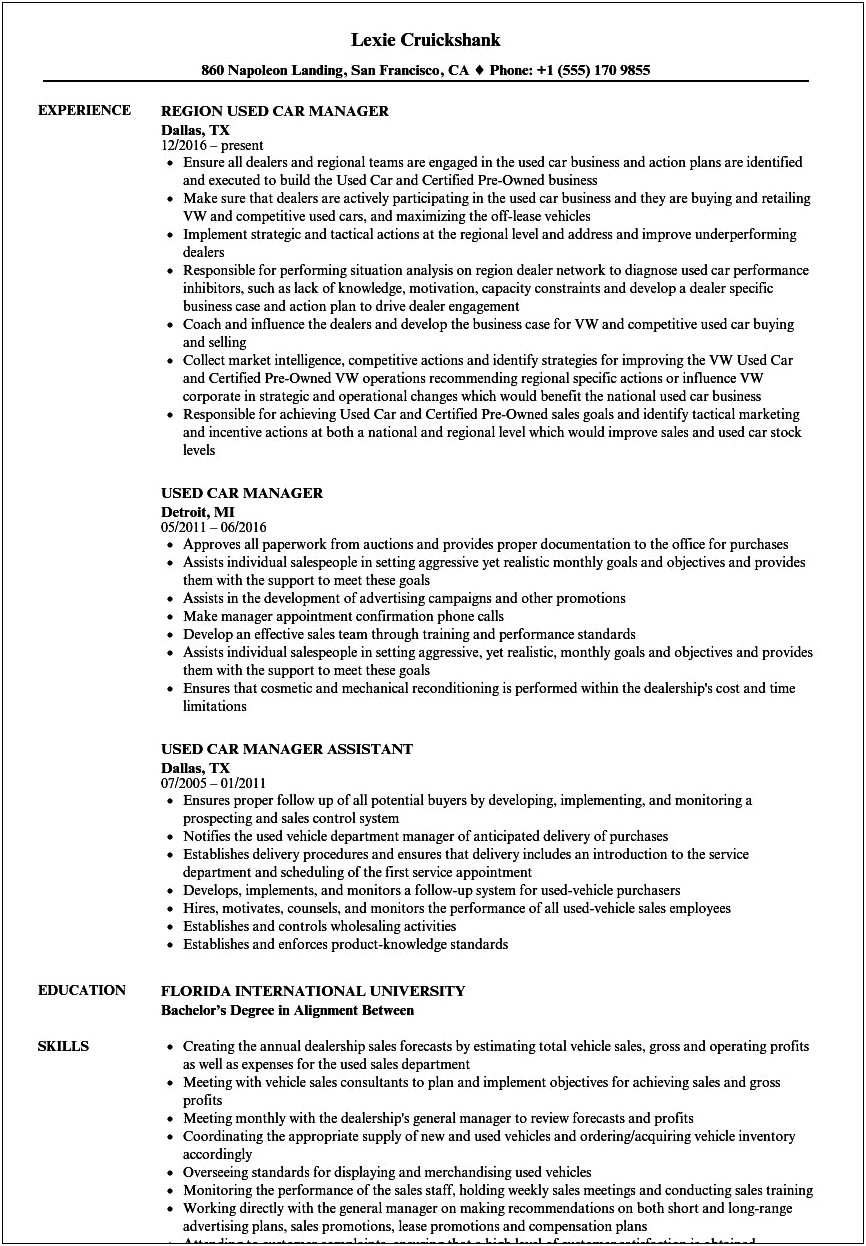 Resume For Working At A Dealership