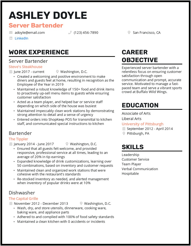 Resume For Working At A Restaurant
