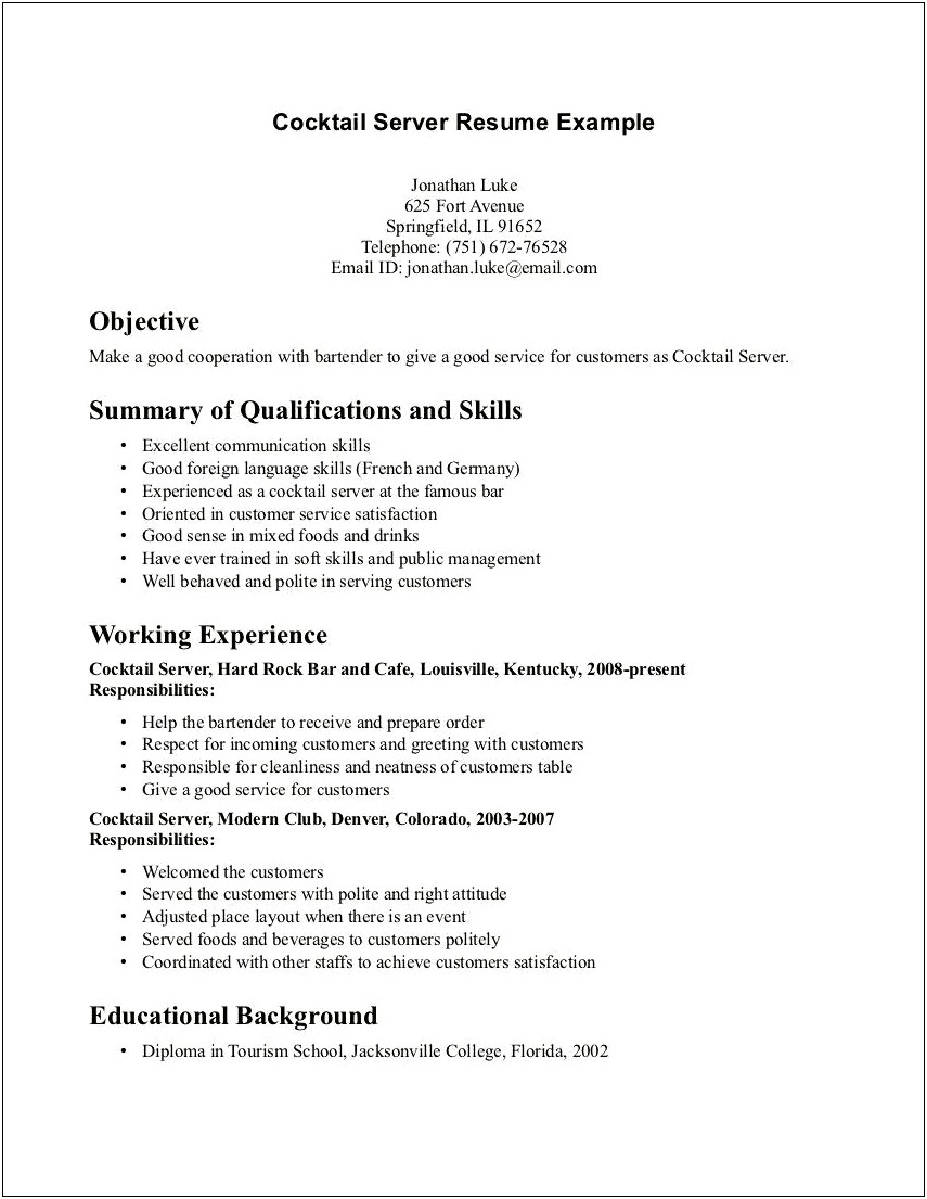 Resume For Working In A Cafe