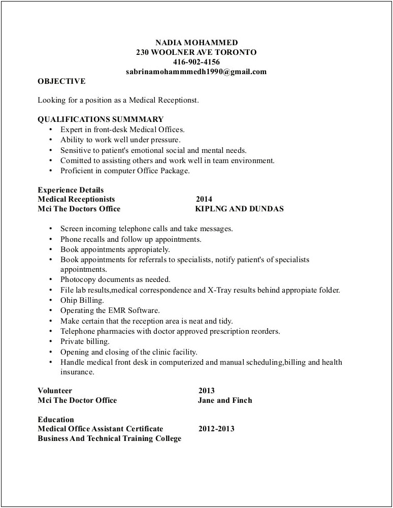 Resume For Working In A Doctors Office