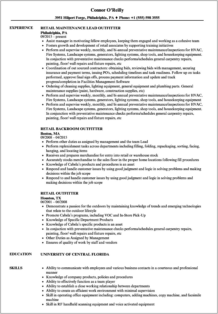 Resume For Working In Clothing Store