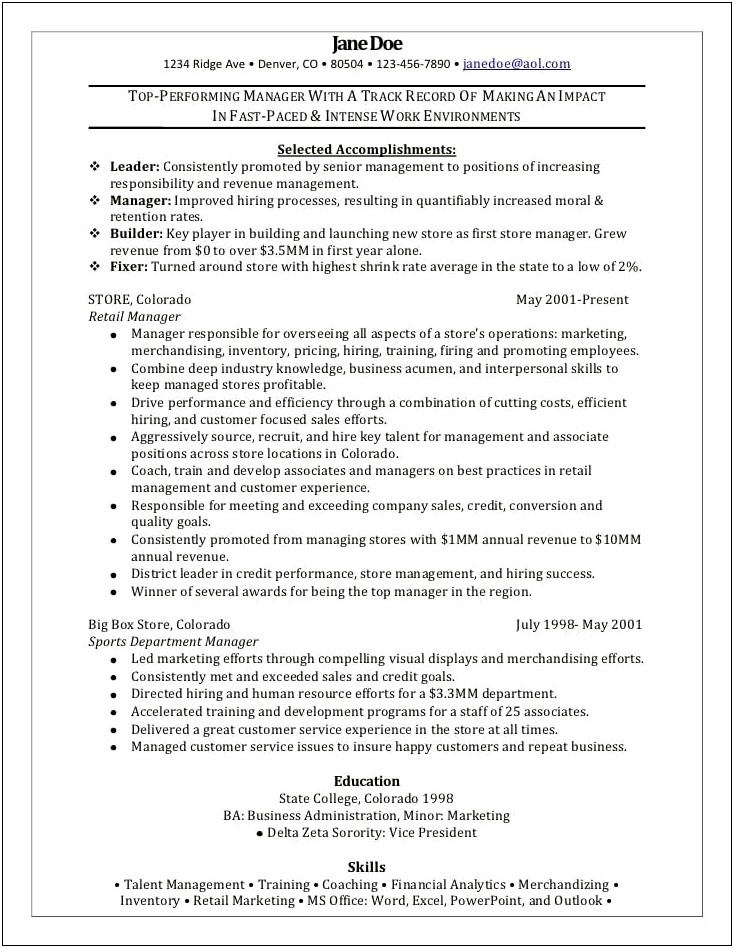 Resume For Working In Retail Store