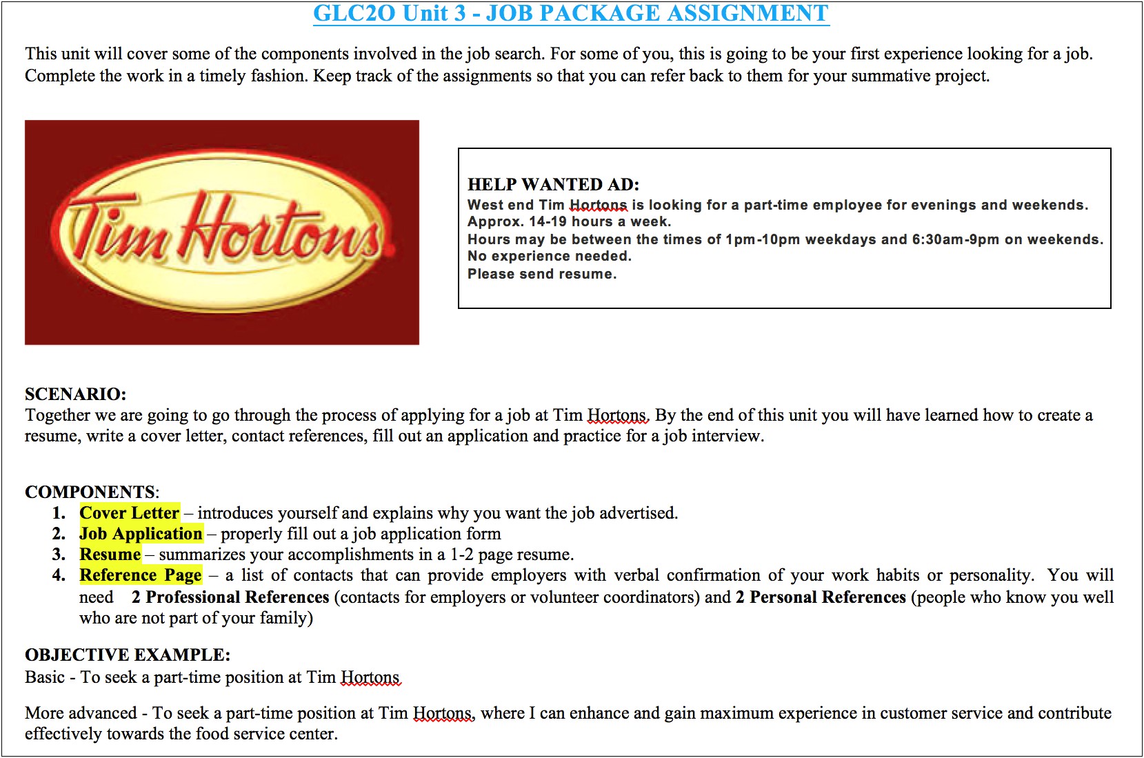 Resume For Working In Tim Hortons