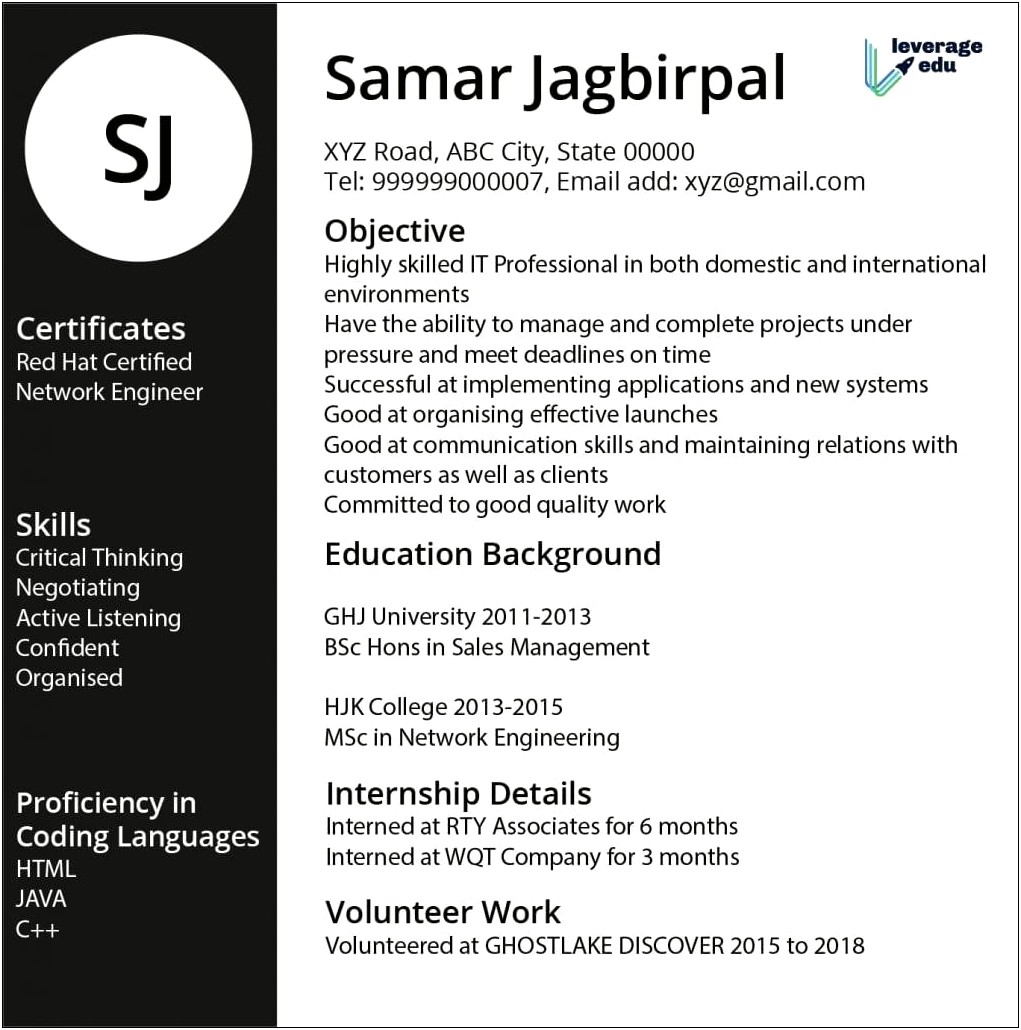 Resume Format Examples For Freshers