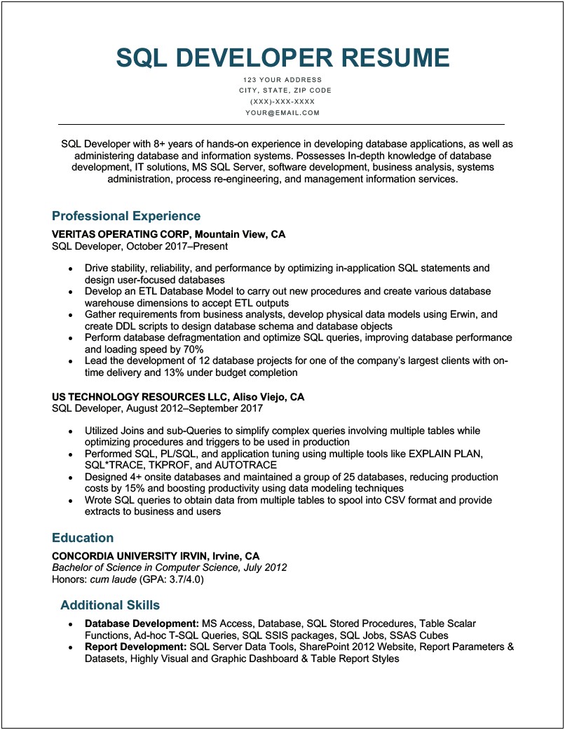 Resume Format For 1 Year Experience In Database