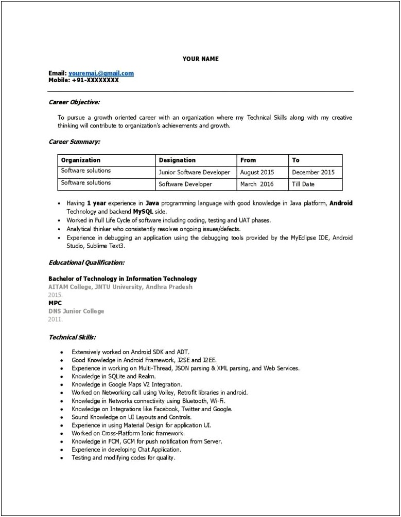 Resume Format For 1 Year Experience In Java