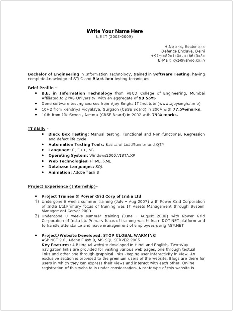 Resume Format For 1 Year Experience In Sql