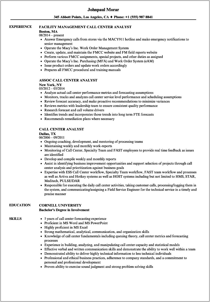 Resume Format For 6 Months Experience In Bpo