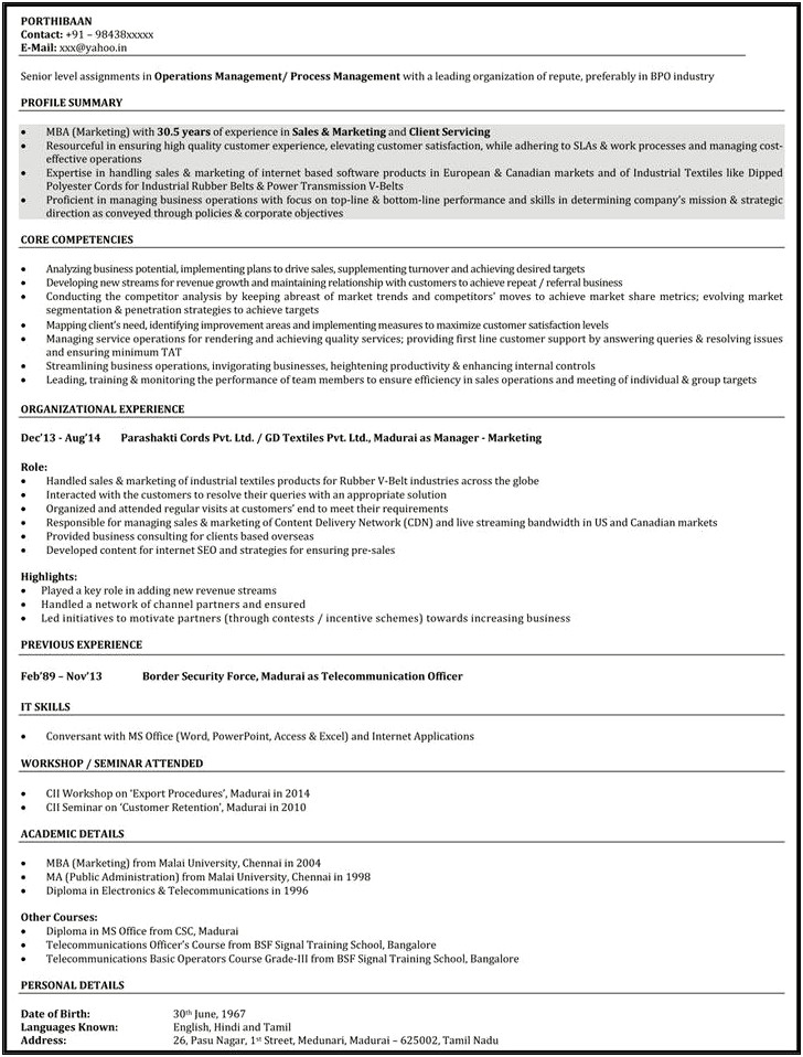 Resume Format For A Call Center Job