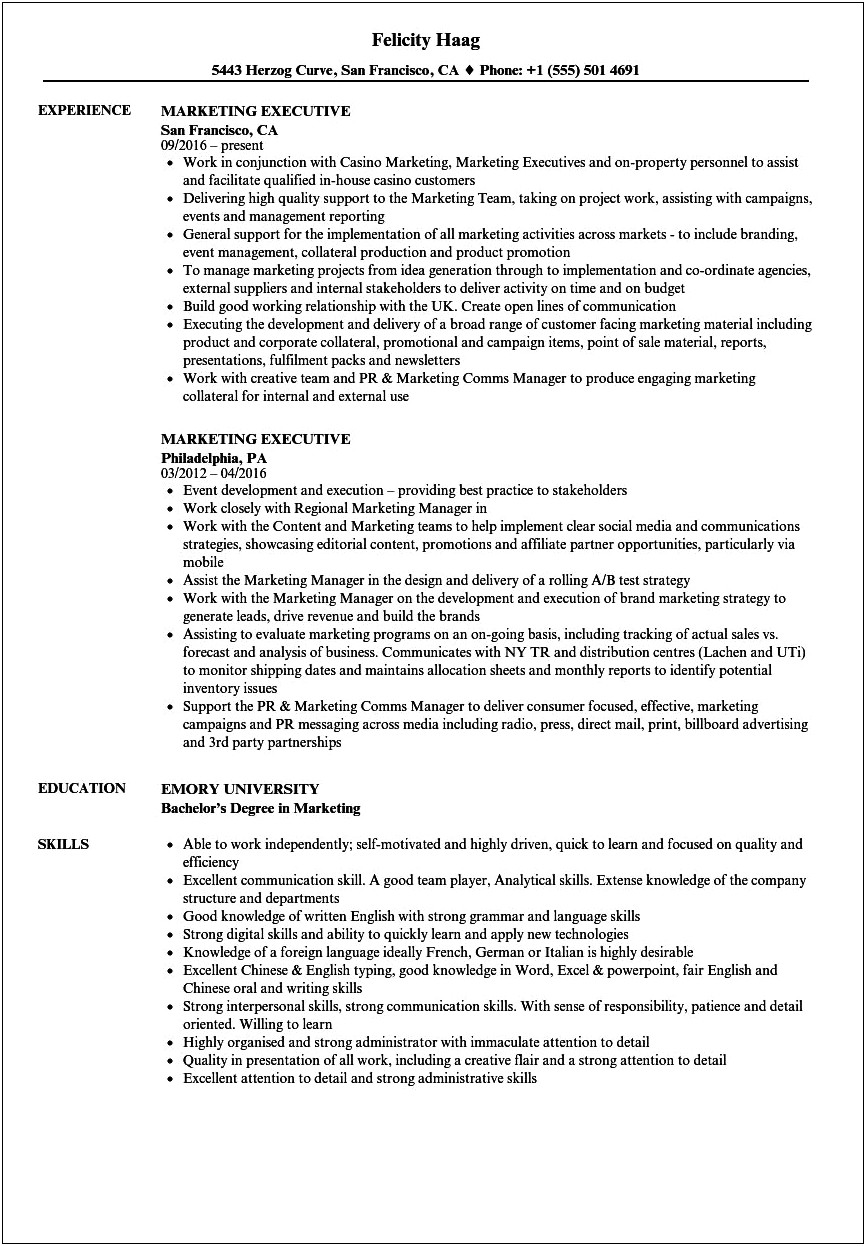 Resume Format For A Marketing Manager